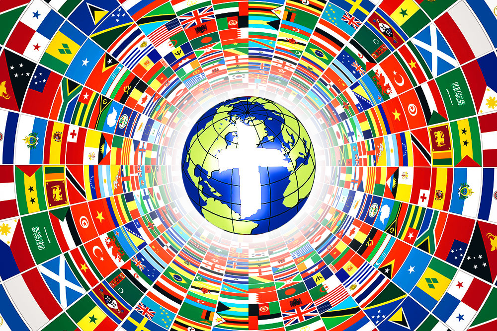 The IBCM logo in this image, is surrounded by a funnel of international flags,