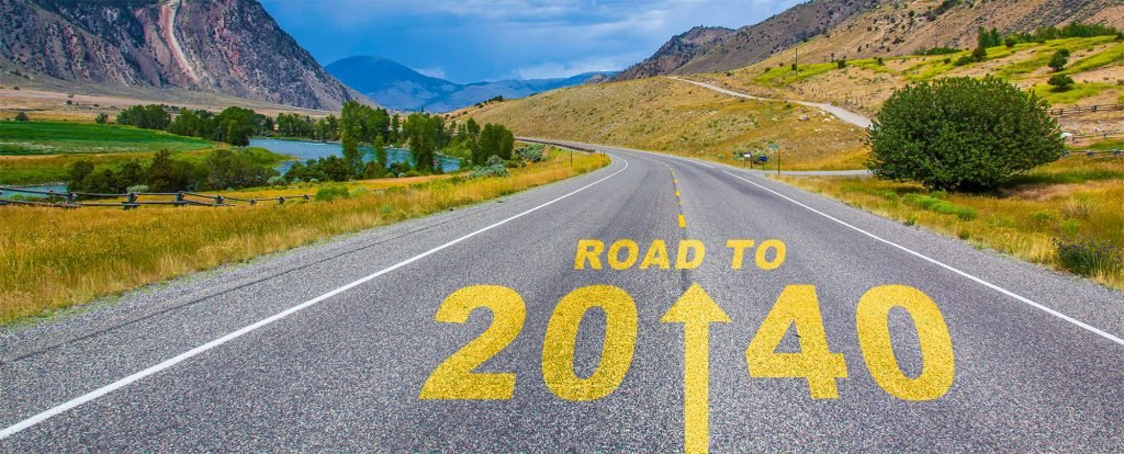 A desert highway with the words Road to 2040 in yellow print